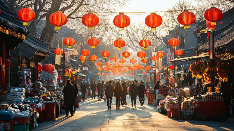 高清大图下载【趣麦麦图】红灯笼古街街道人群