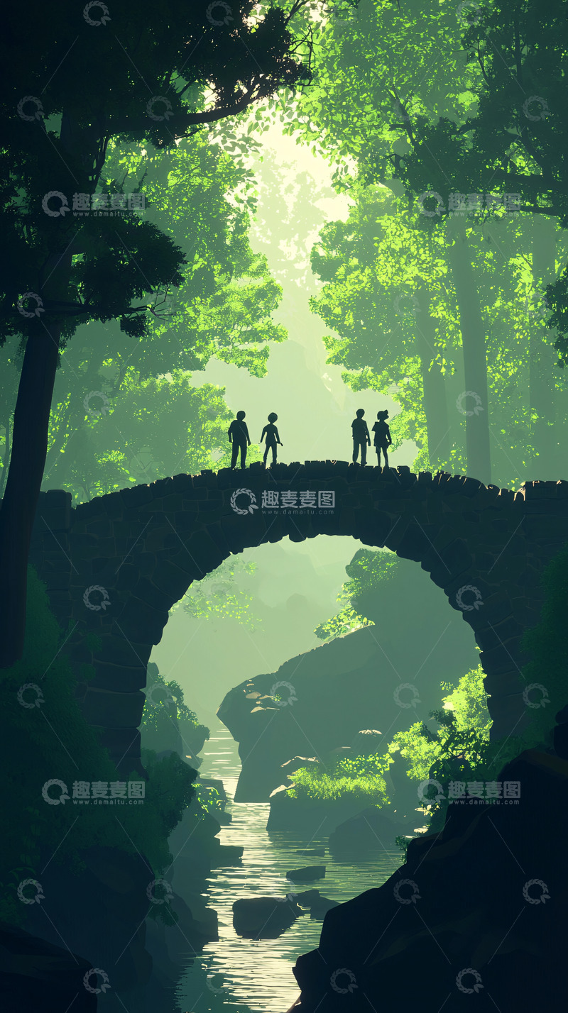高清大图下载【趣麦麦图】绿色森林古桥人物剪影