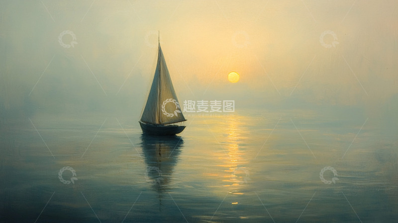 高清大图下载【趣麦麦图】清晨薄雾中孤独的帆船