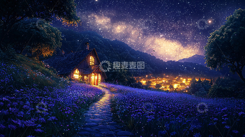 高清大图下载【趣麦麦图】星空下的紫色花田小屋