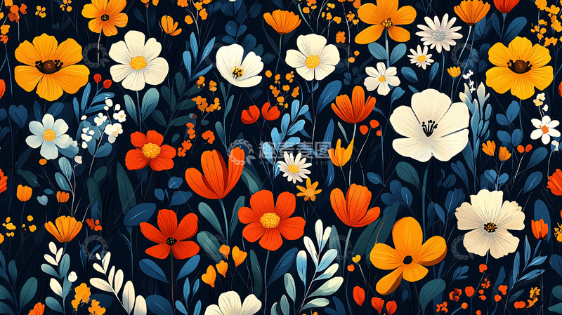 高清大图下载【趣麦麦图】深色背景上的多彩花卉图案
