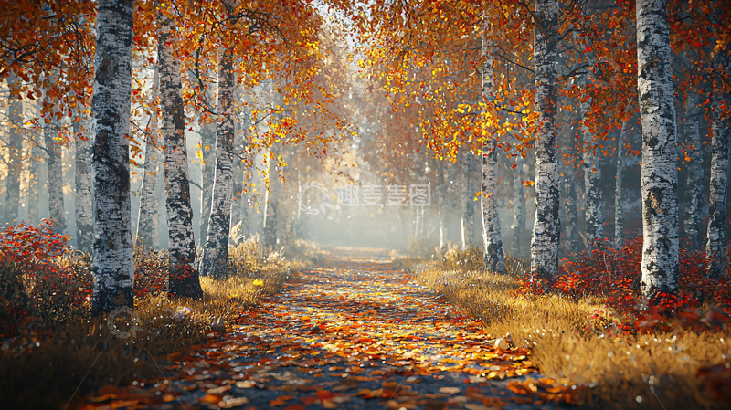 高清大图下载【趣麦麦图】秋日白桦林小径