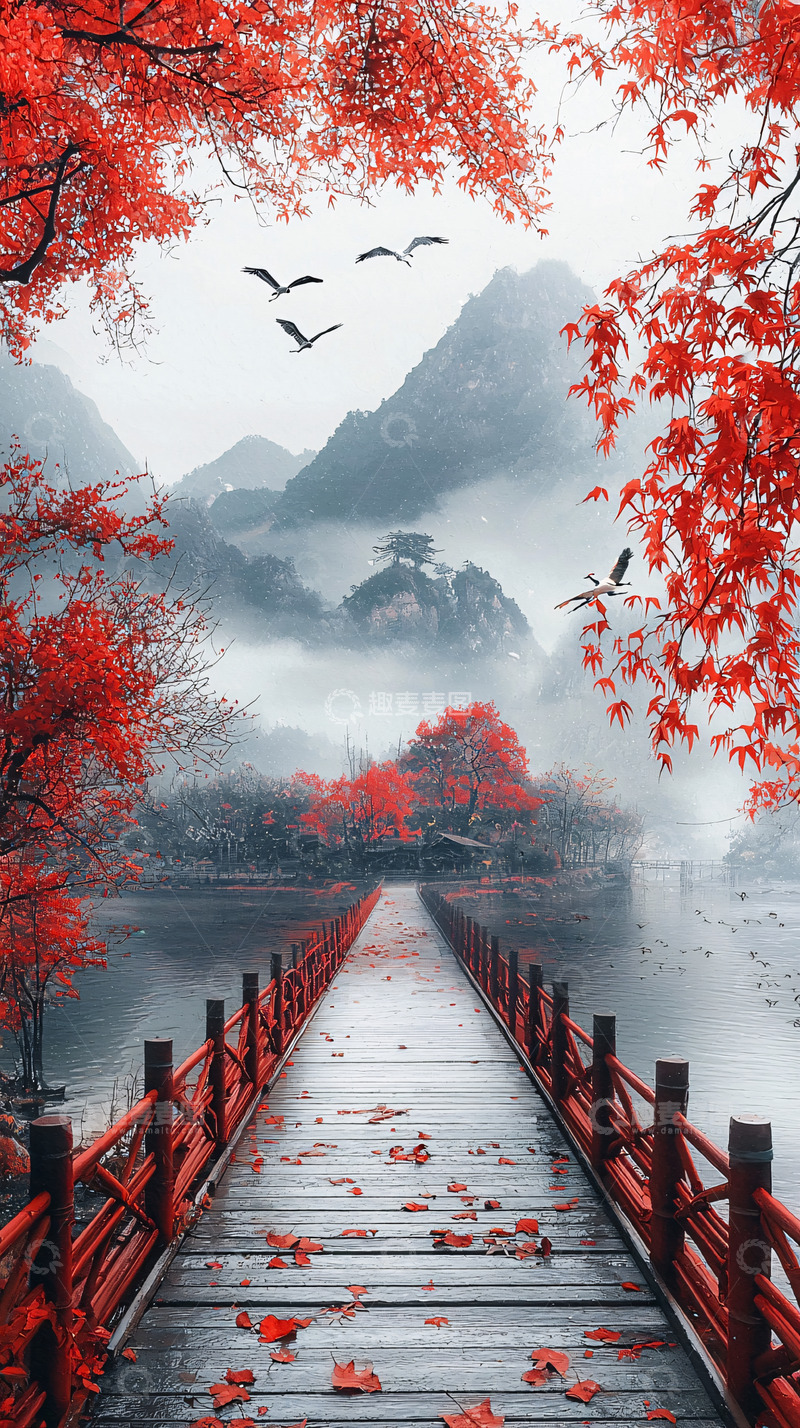 高清大图下载【趣麦麦图】红枫秋景木桥山雾
