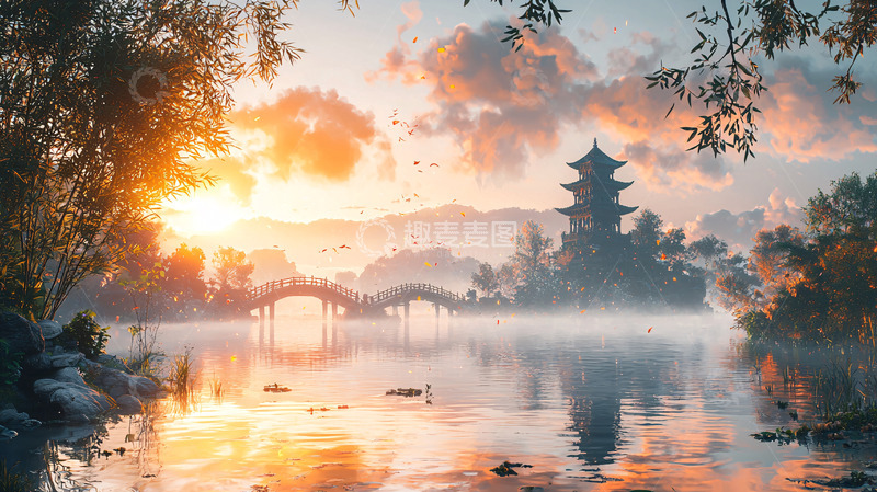 高清大图下载【趣麦麦图】清晨雾气中的古塔