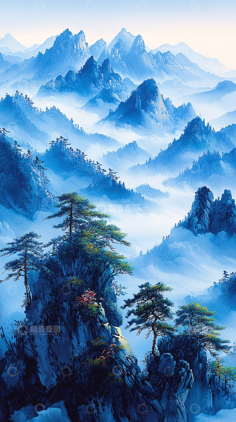 高清大图下载【趣麦麦图】蓝色山水水墨画风