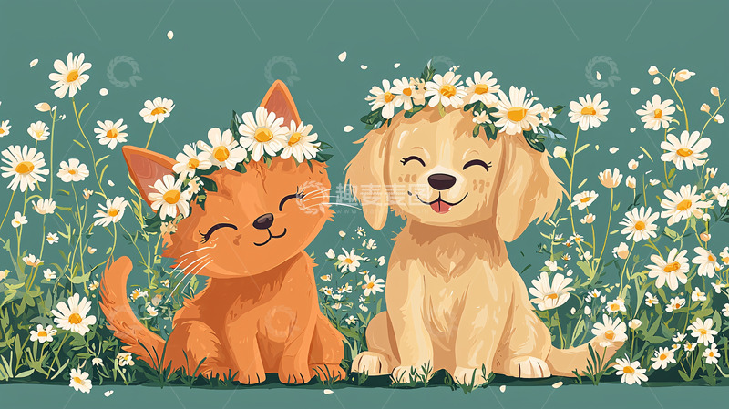 高清大图下载【趣麦麦图】戴花环的小猫和小狗