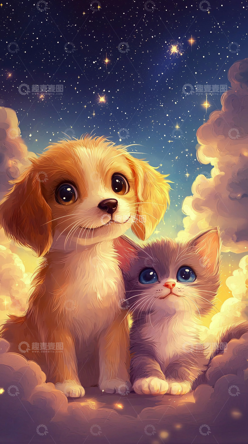 高清大图下载【趣麦麦图】星空下的小狗和小猫