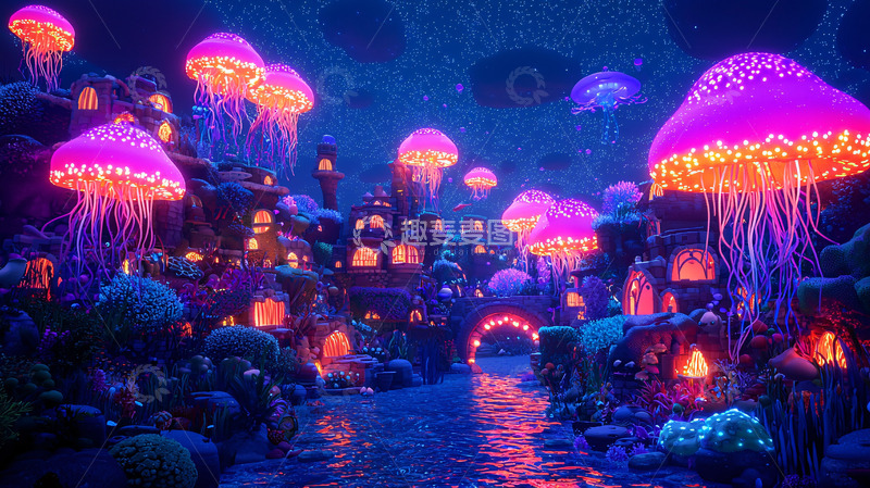 高清大图下载【趣麦麦图】梦幻水母小镇夜景