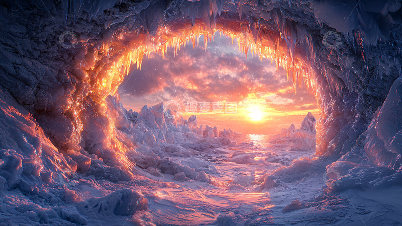 高清大图下载【趣麦麦图】冰雪洞穴日落
