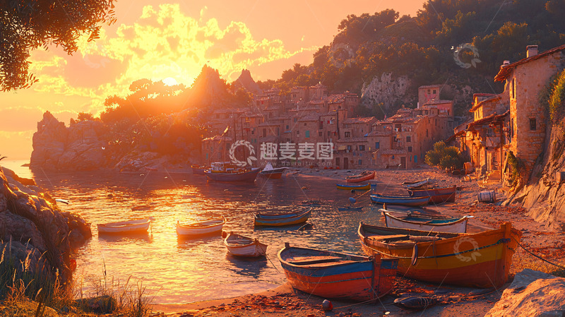 高清大图下载【趣麦麦图】夕阳下的海边小镇