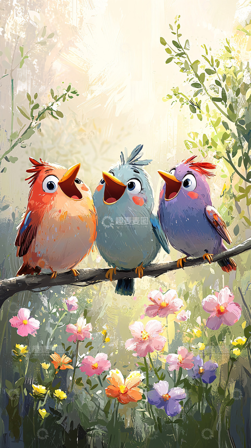 高清大图下载【趣麦麦图】三只小鸟唱歌