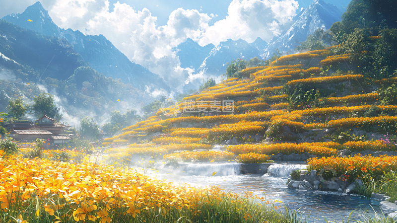 高清大图下载【趣麦麦图】金色梯田山水画