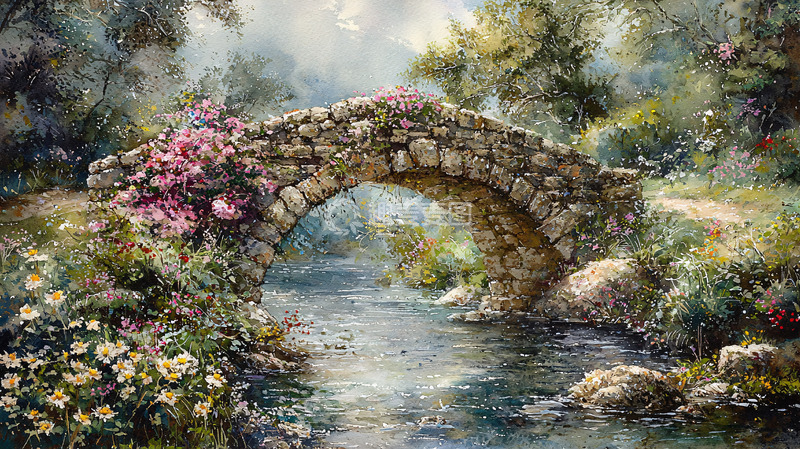 高清大图下载【趣麦麦图】石桥流水鲜花田园