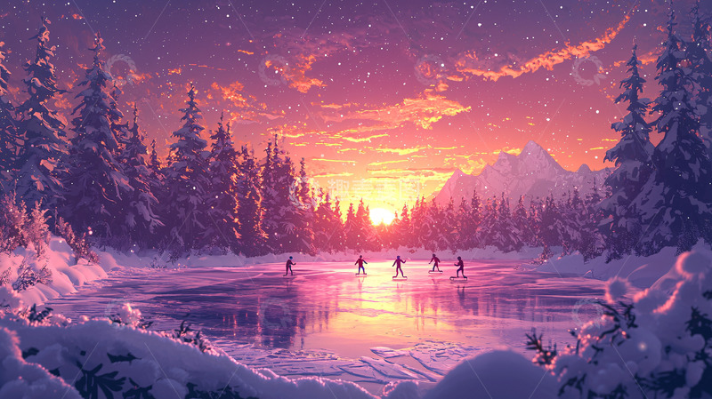 高清大图下载【趣麦麦图】冬日冰面上的浪漫滑冰
