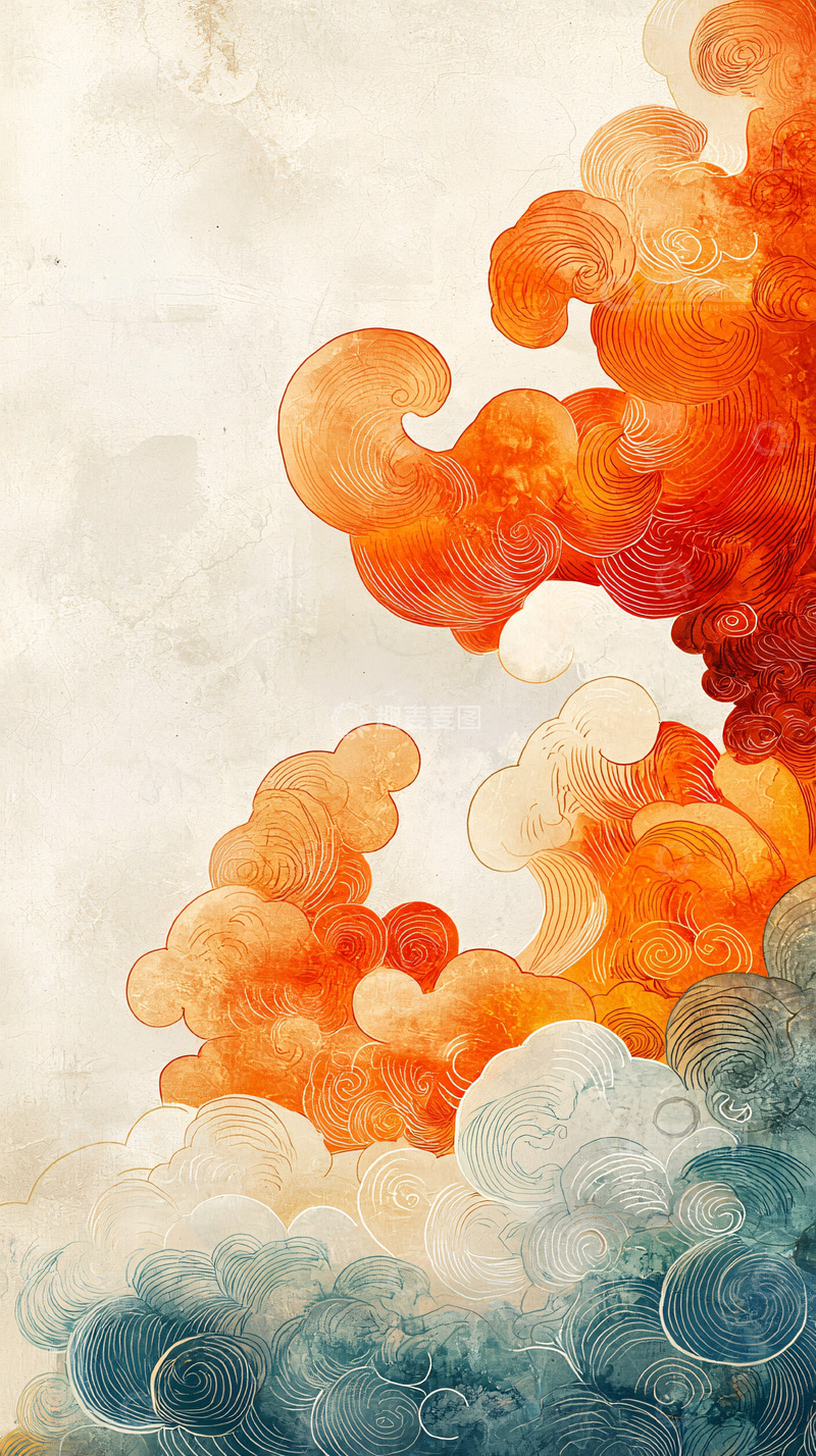 高清大图下载【趣麦麦图】水墨风橘色云朵水彩纹理