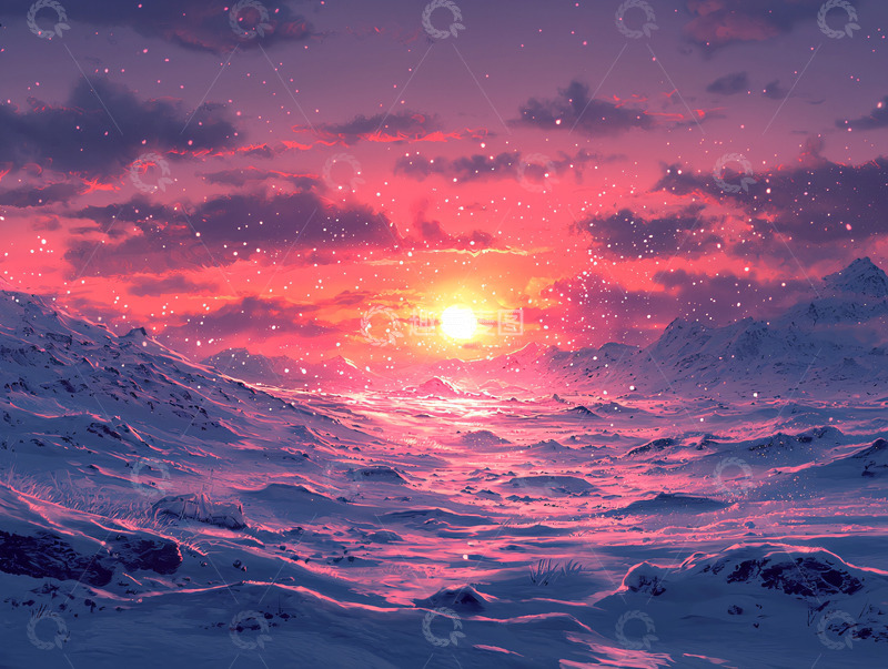 高清大图下载【趣麦麦图】雪山日落晚霞唯美意境
