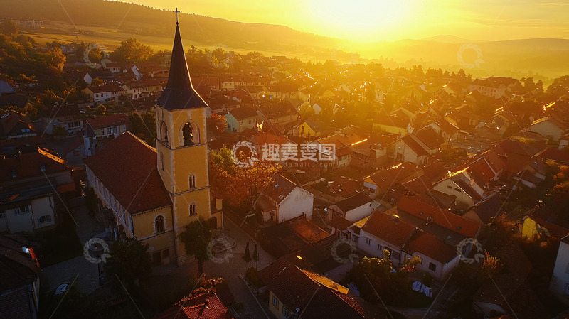 高清大图下载【趣麦麦图】日出小镇俯瞰图
