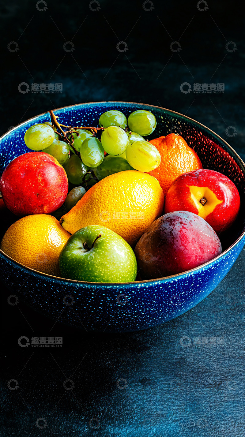 高清大图下载【趣麦麦图】蓝色碗里盛放的水果