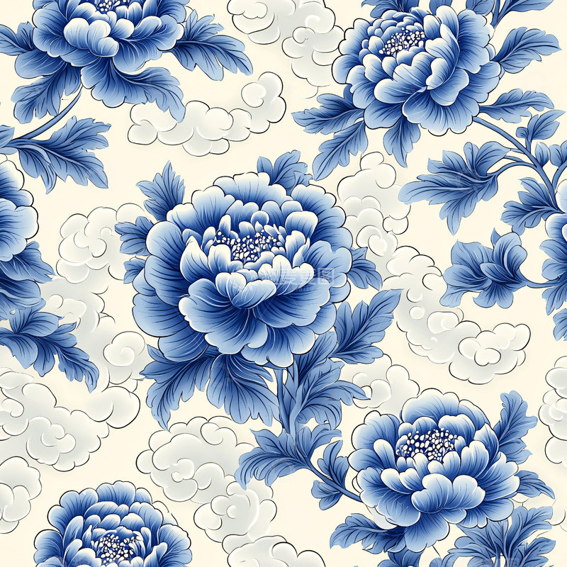 高清大图下载【趣麦麦图】青花瓷牡丹花纹