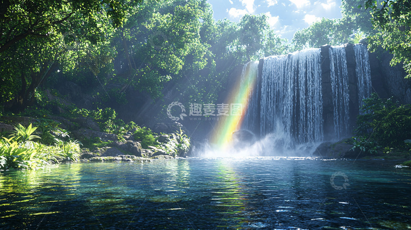 高清大图下载【趣麦麦图】原始森林瀑布彩虹