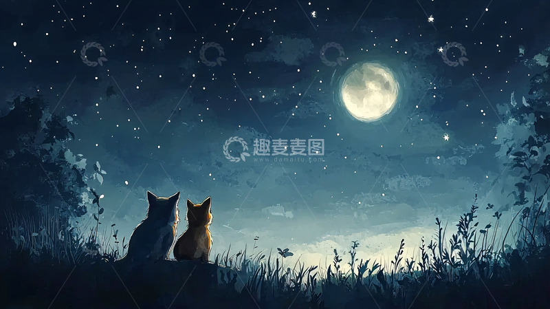 高清大图下载【趣麦麦图】星空下两只猫咪