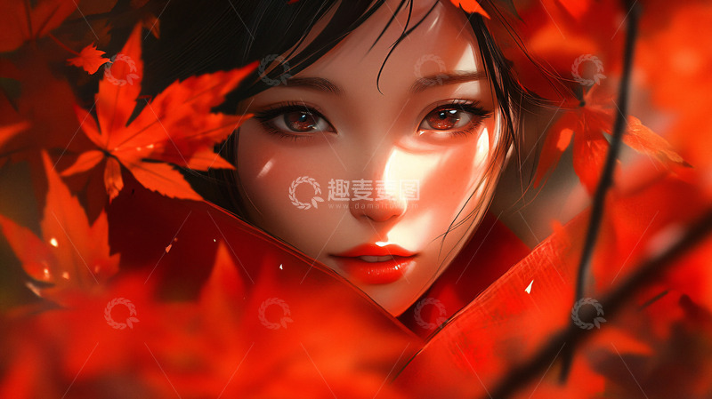 高清大图下载【趣麦麦图】红叶中女孩的唯美肖像