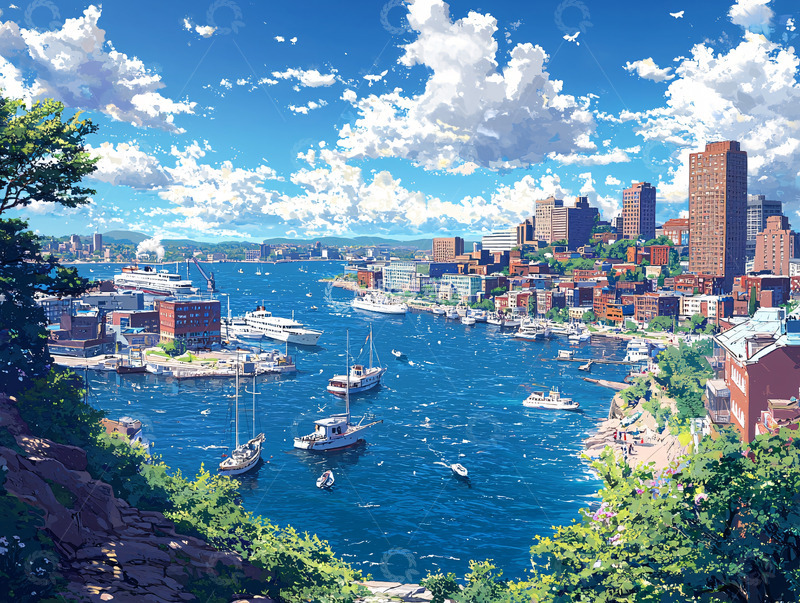 高清大图下载【趣麦麦图】阳光明媚的海港城市风景