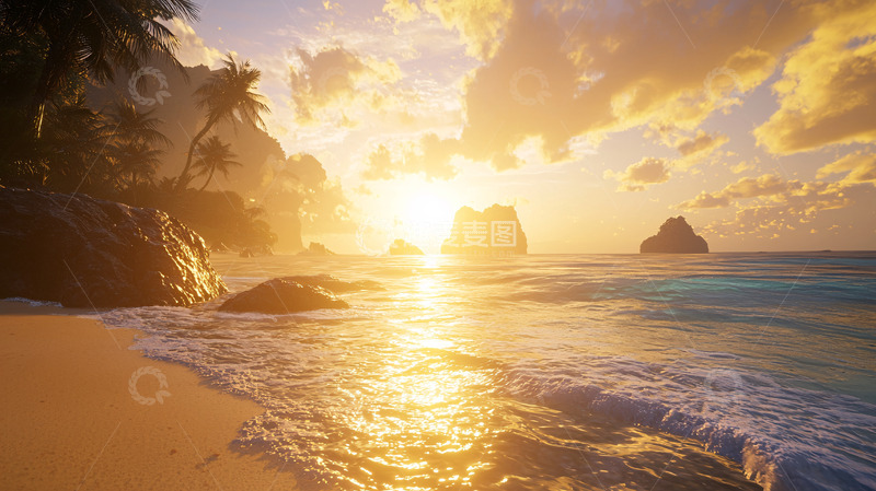 高清大图下载【趣麦麦图】海滩日落椰树