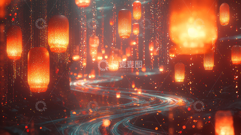 高清大图下载【趣麦麦图】梦幻般流萤般灯笼小路