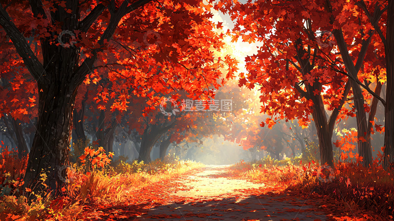 高清大图下载【趣麦麦图】秋日红叶小路
