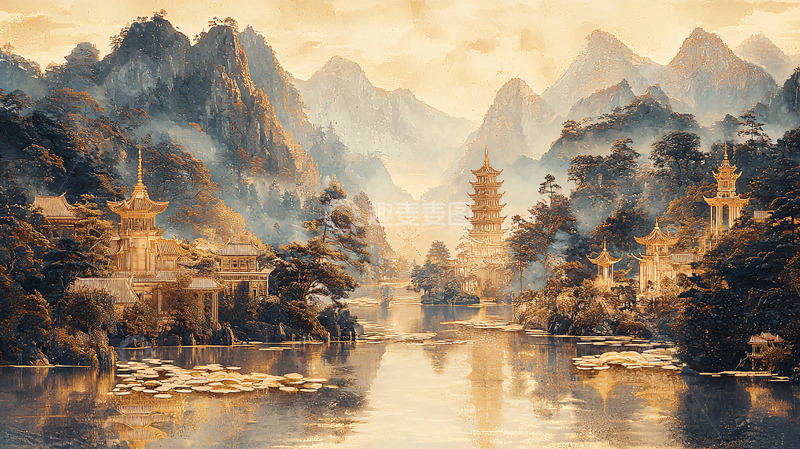 高清大图下载【趣麦麦图】湖光山色间的东方建筑群