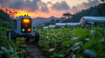 田园日落下的农业机器人