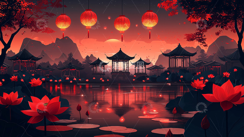 高清大图下载【趣麦麦图】中国风水墨亭台灯笼意境