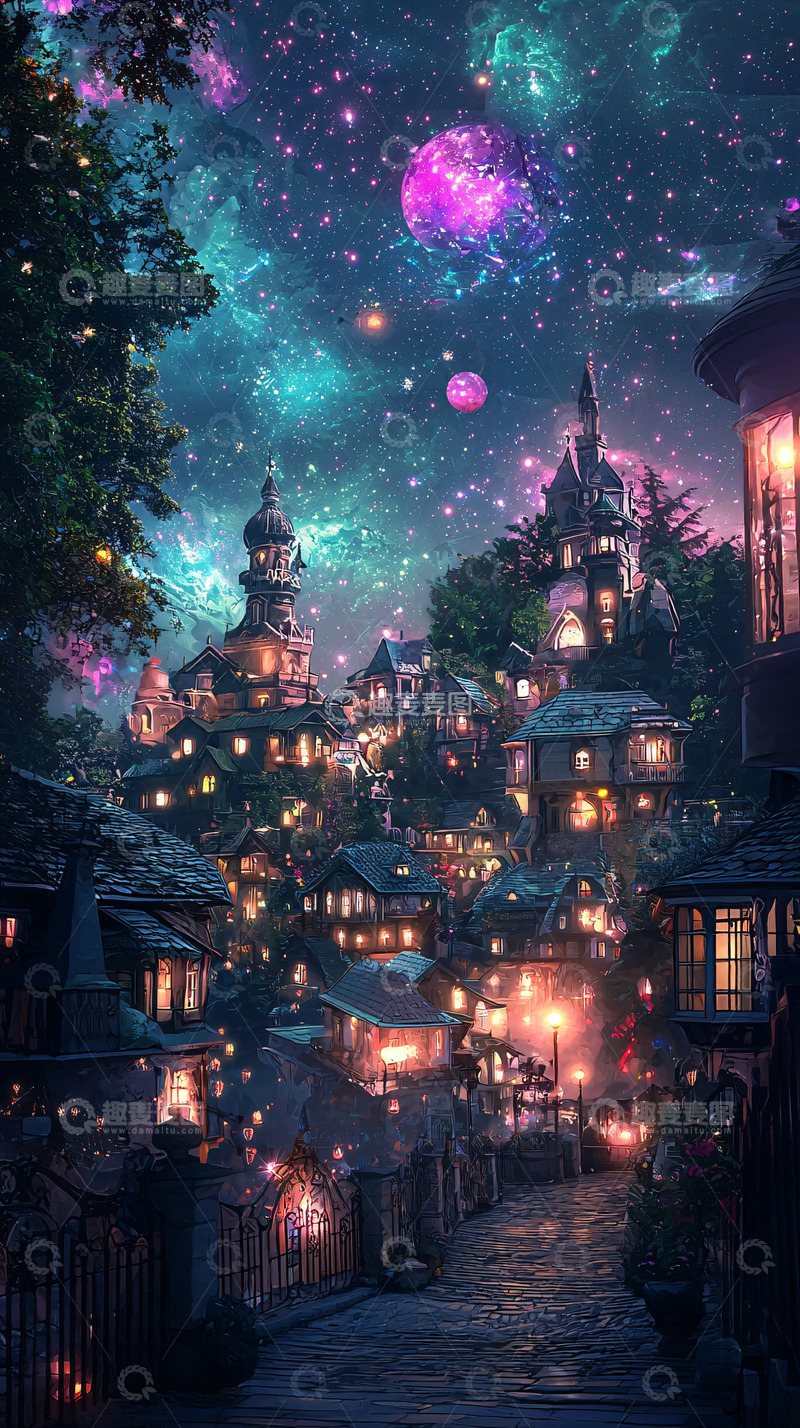 高清大图下载【趣麦麦图】梦幻星空小镇夜景