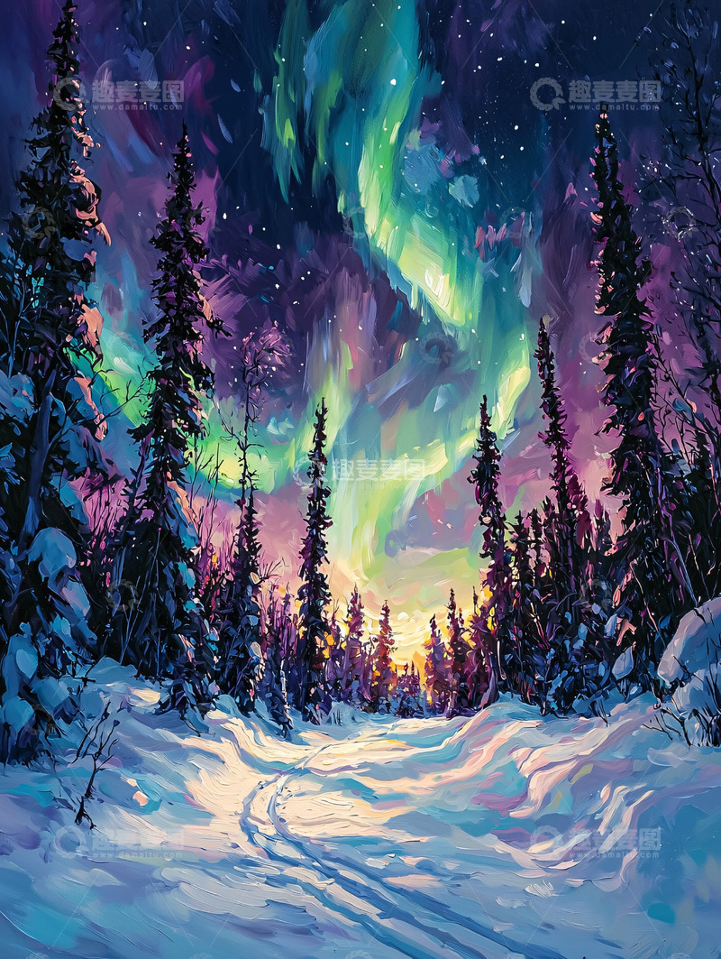 高清大图下载【趣麦麦图】极光下的雪地森林