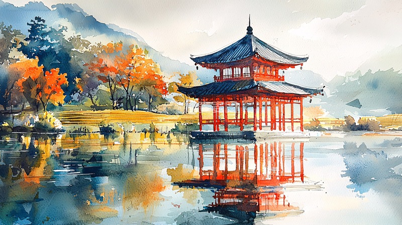 高清大图下载【趣麦麦图】水面倒影中的古风建筑