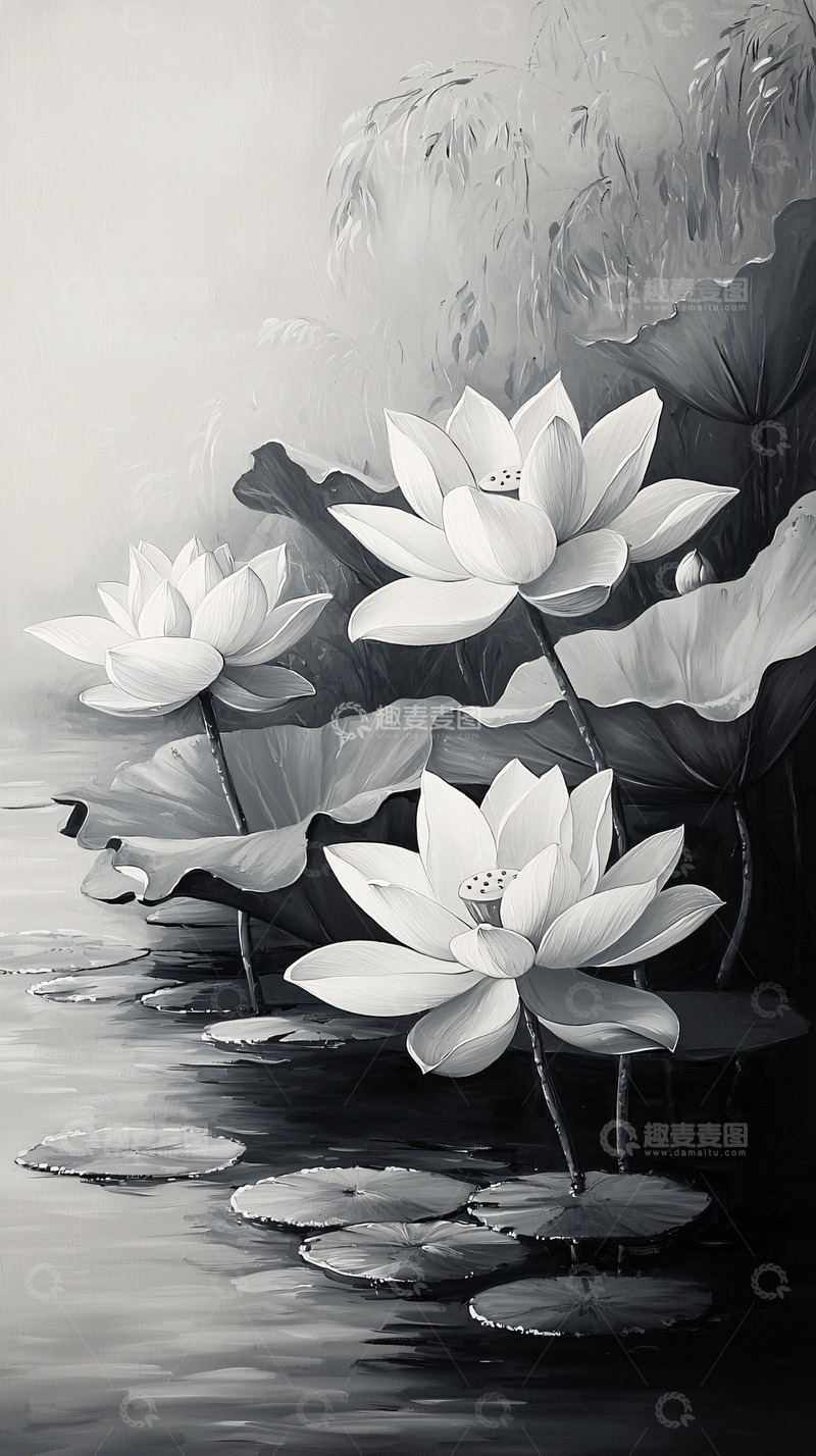高清大图下载【趣麦麦图】黑白荷花水墨画