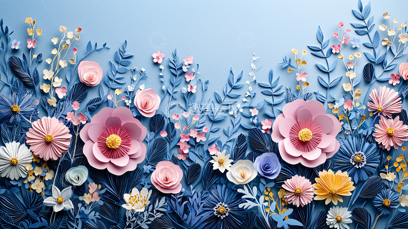 高清大图下载【趣麦麦图】纸艺花卉蓝色背景
