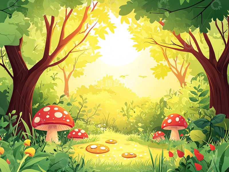 高清大图下载【趣麦麦图】阳光森林小路蘑菇