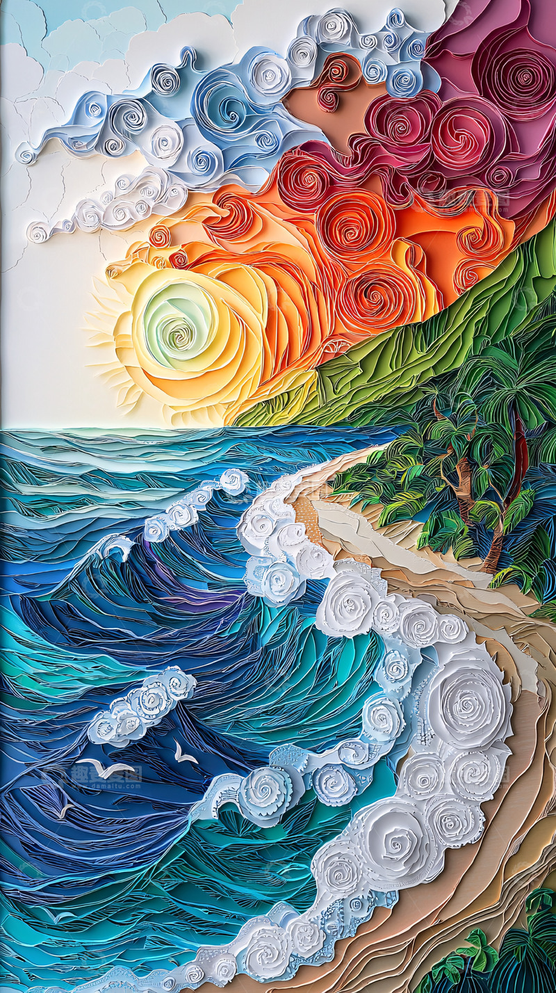高清大图下载【趣麦麦图】海边纸艺风景画
