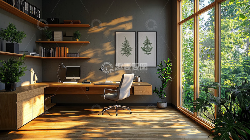 高清大图下载【趣麦麦图】阳光洒进的木质书房