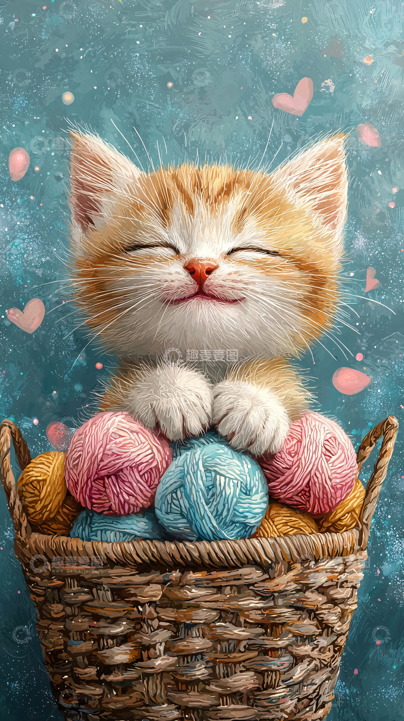 高清大图下载【趣麦麦图】开心的小猫咪毛线球