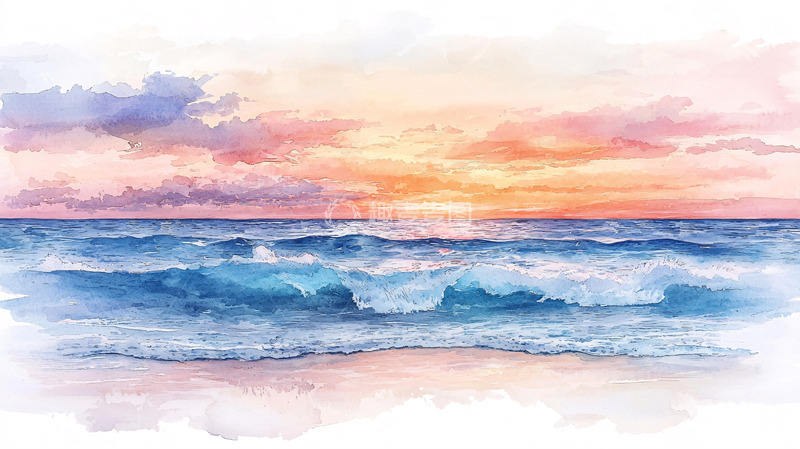 高清大图下载【趣麦麦图】水彩海浪日落