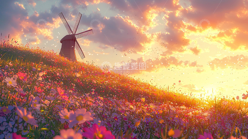 高清大图下载【趣麦麦图】夕阳下的花海风车