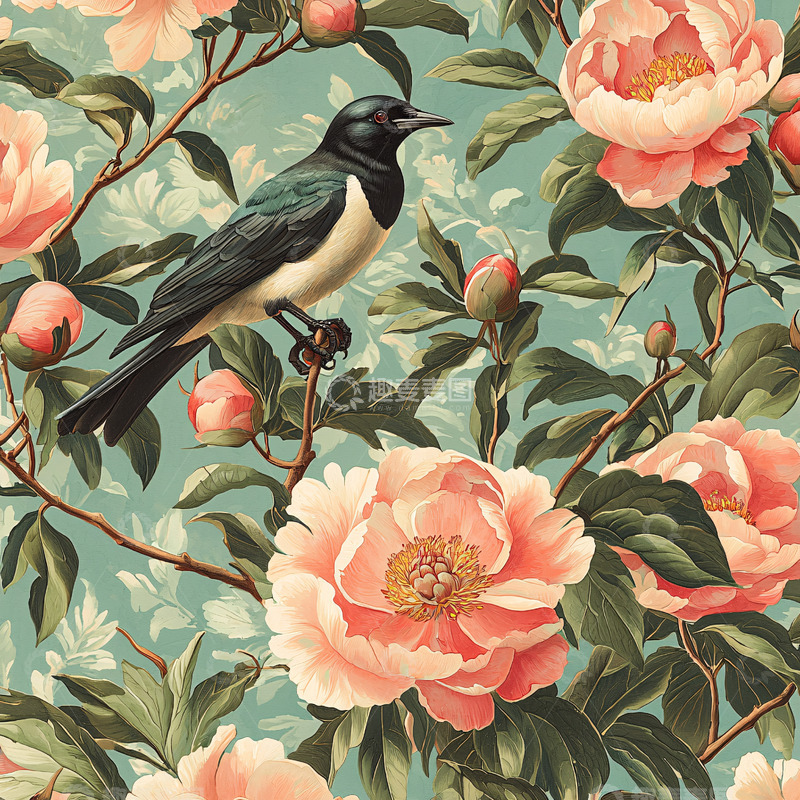 高清大图下载【趣麦麦图】鸟和粉色牡丹花