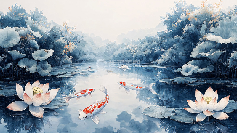 高清大图下载【趣麦麦图】水墨写意荷花鲤鱼图