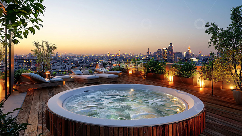 高清大图下载【趣麦麦图】屋顶泳池日落城市景观