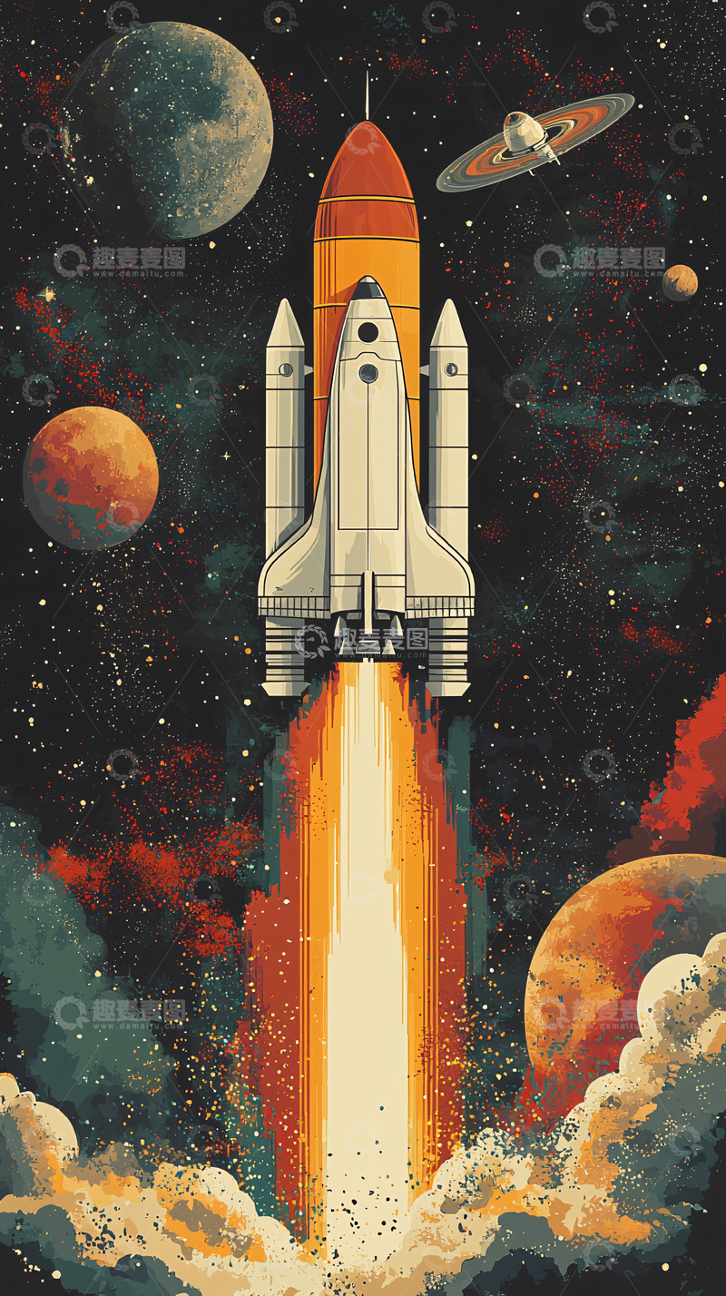 高清大图下载【趣麦麦图】复古太空火箭发射