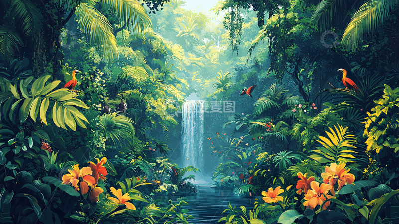 高清大图下载【趣麦麦图】热带雨林瀑布风景图