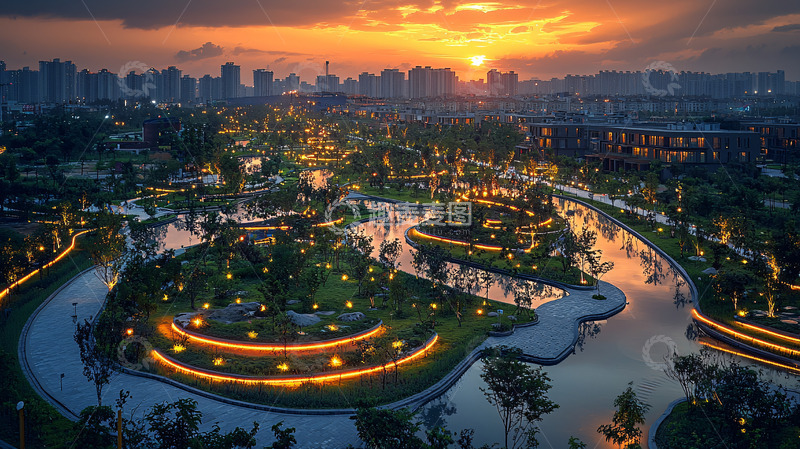 高清大图下载【趣麦麦图】夕阳下的城市公园夜景